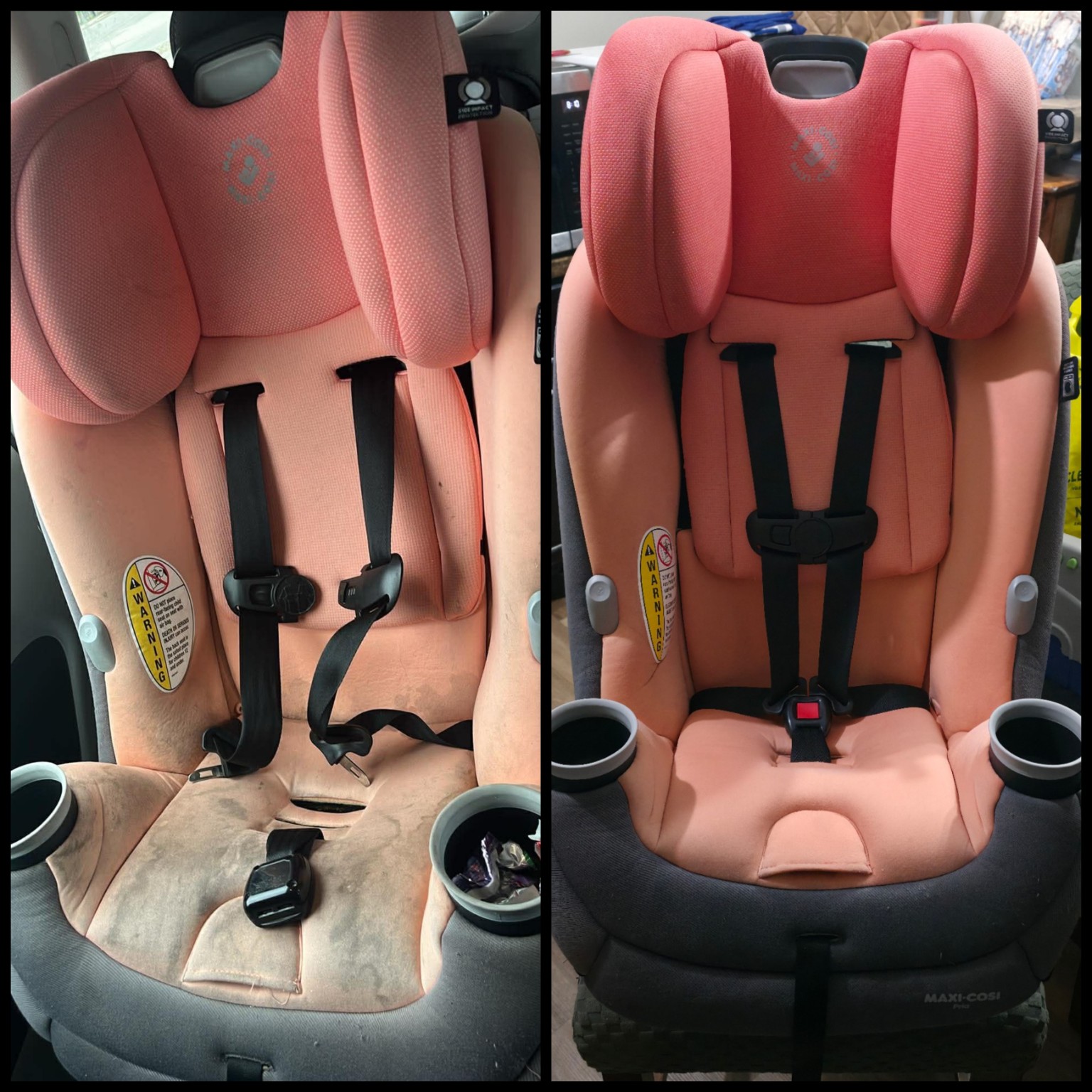 Before and after pink car seat clean