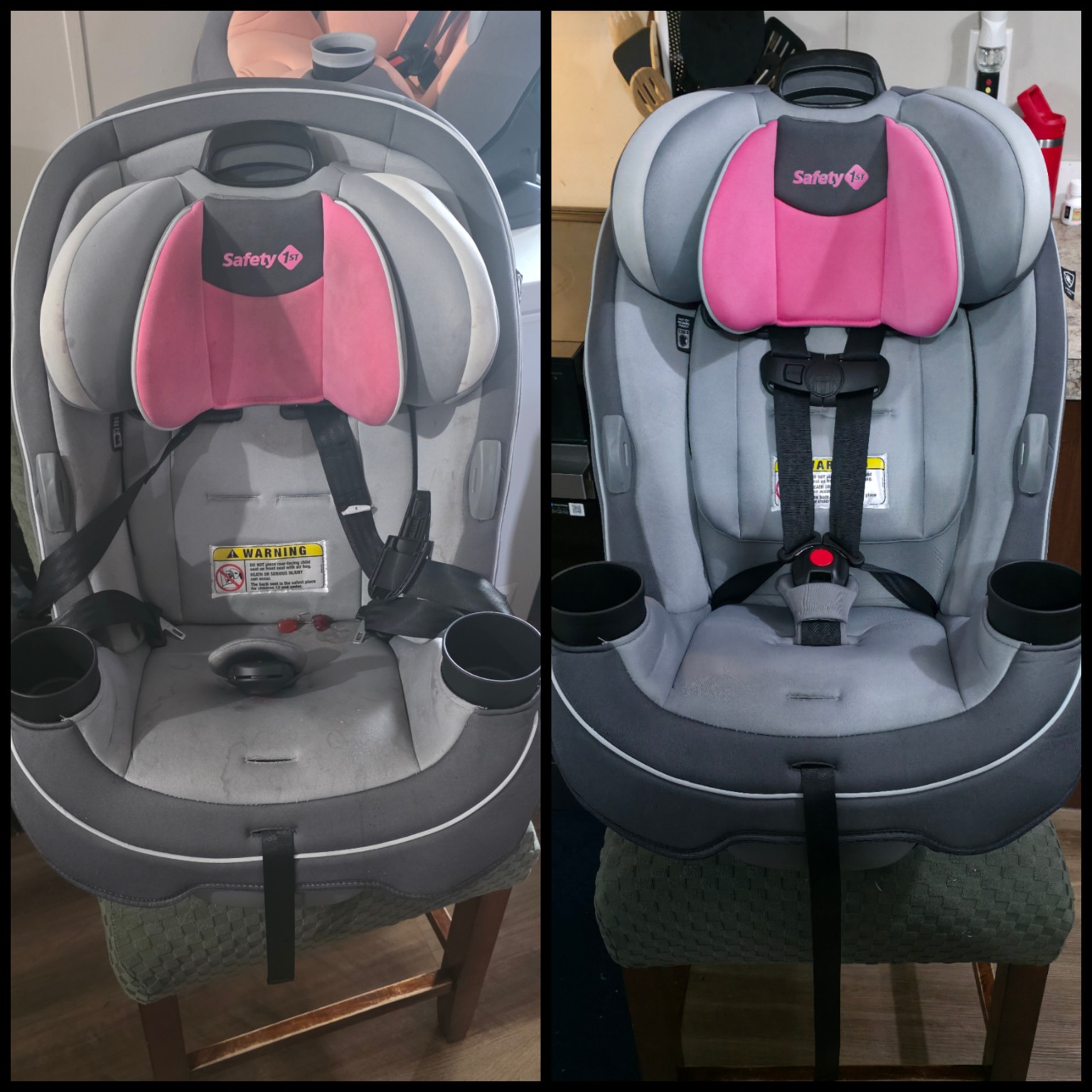 Before and after gray pink car seat clean