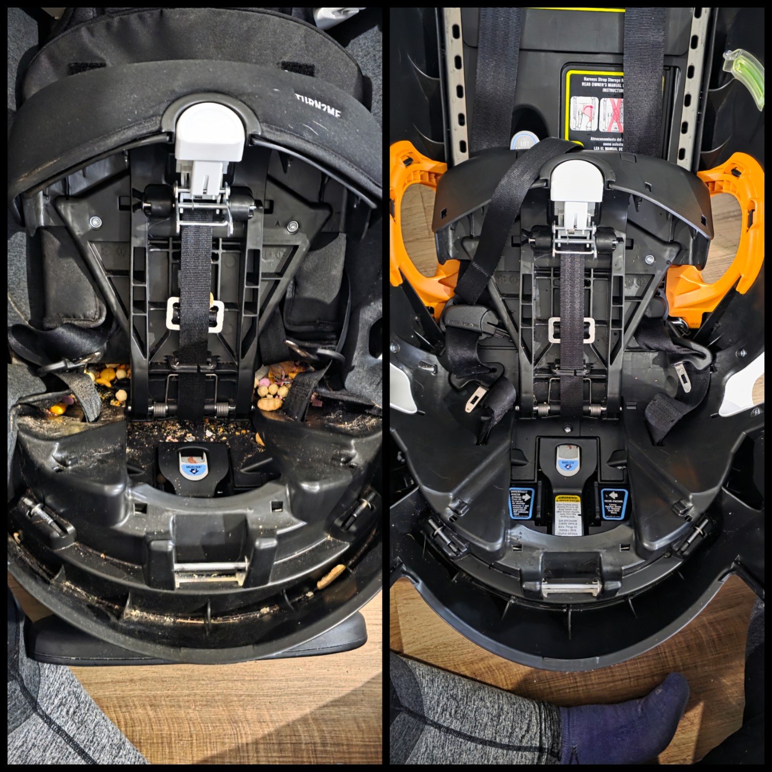 Before and after interior car seat detail